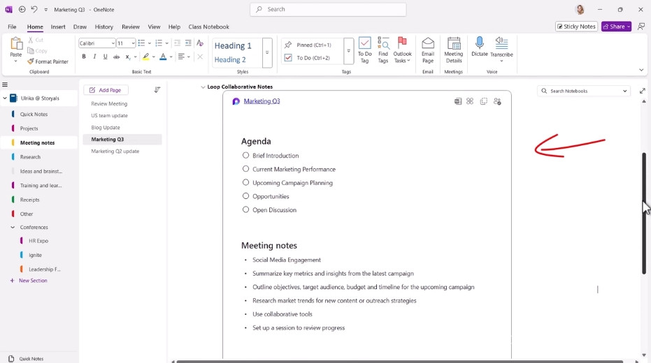 Loop meeting notes in OneNote