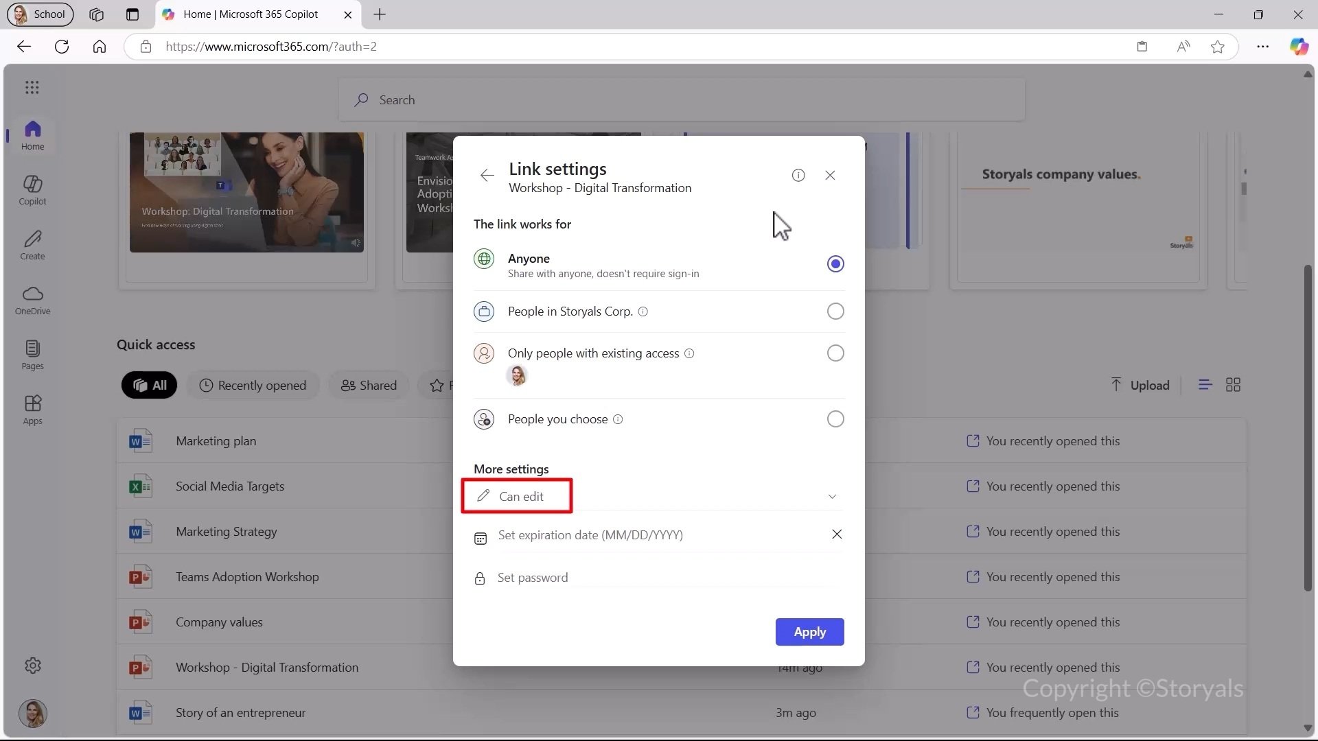 Microsoft 365 home page sharing