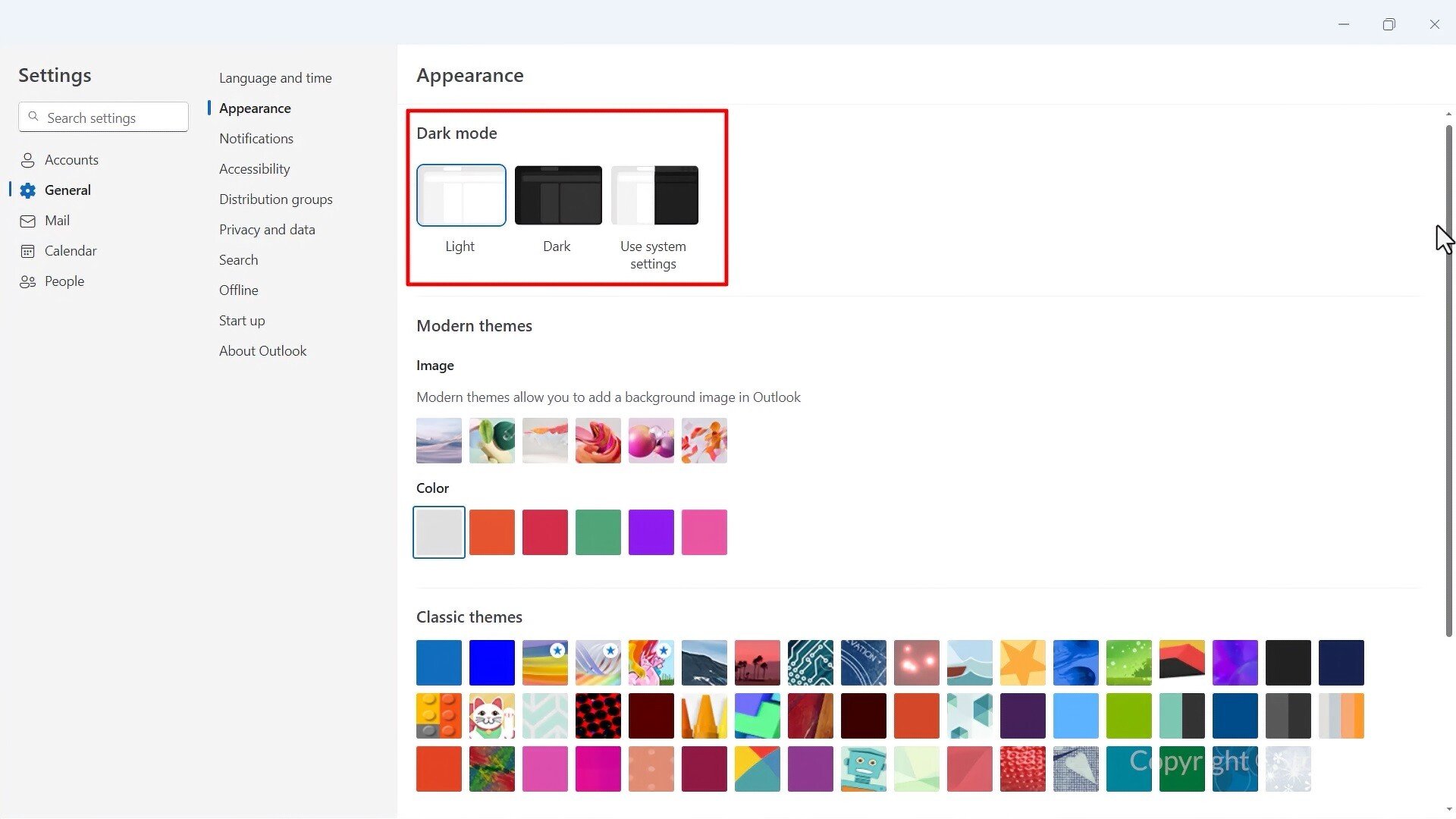 Appearance settings in new Outlook