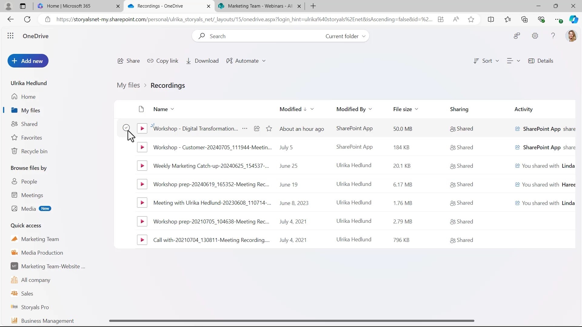 Meeting recordings saved to organizer’s OneDrive screenshot